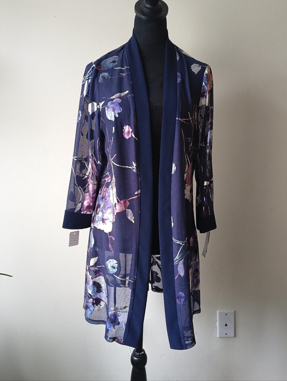 R&M Richards Navy Floral Mesh Open Front Duster Cardigan sz 12